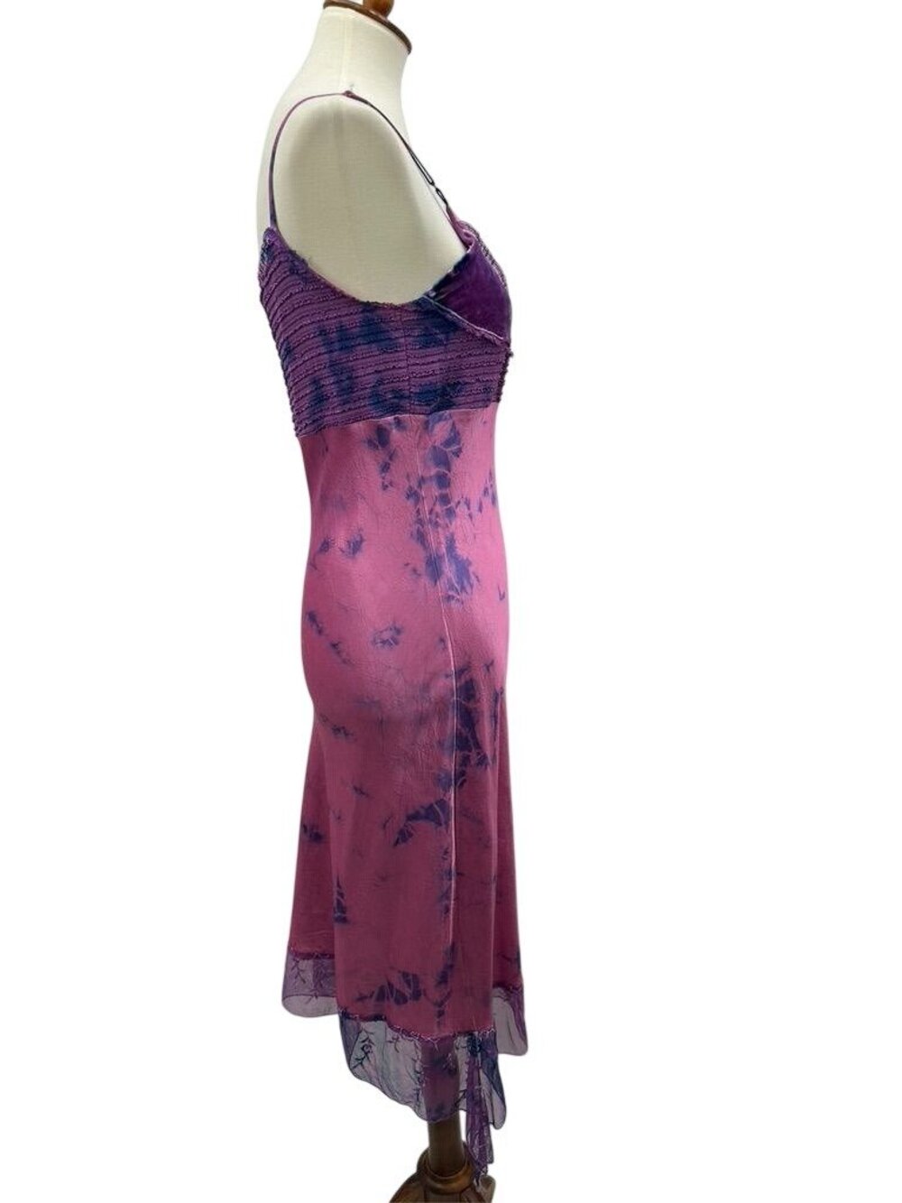 Vintage 90s Monah Li Tie-Dye Silk Slip Dress With Lace Velvet Pink & Purple - Picture 7 of 16